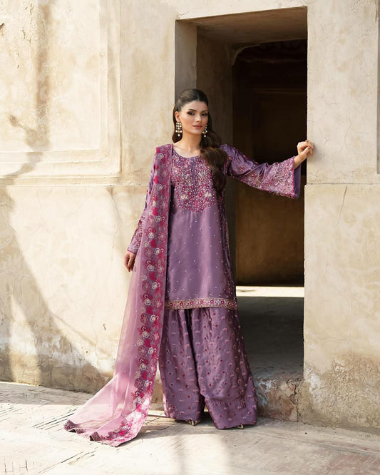 Heavy Chinon Silk With Embroidery Sequence Work And Canvas Farshi Bottom And Rivet Moti Sharara Dress