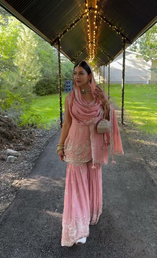 Heavy Faux Georgette With Heavy Embroidery Sequence Work With Rivet Moti Work & Cutwork Dupatta With Elastic Sharara Palazzo Dress