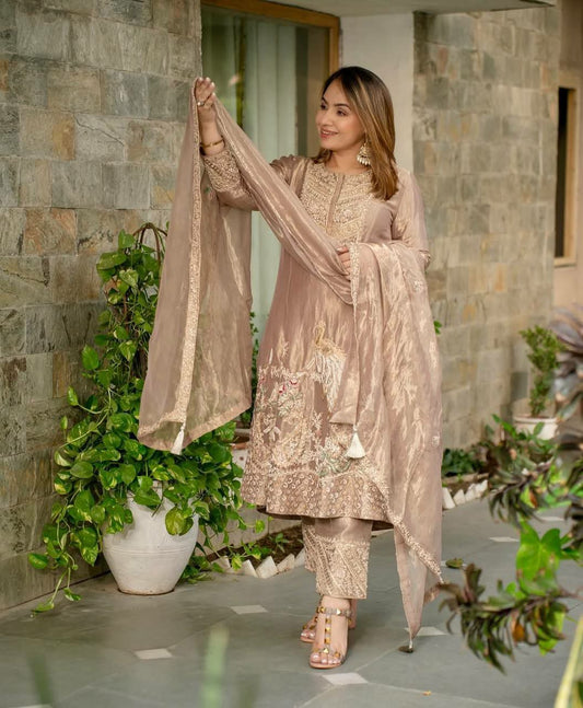 Fandy Silk With Micro Cotton And Heavy Embroidery Sequence Work With Four Side Lace Border Dupatta Type Dress