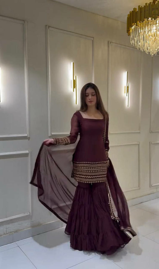 Heavy Georgette Embroidery Sequence Work & Heavy Micro Cotton With Fully Ruffle Flair Sharara Palazzo Dress