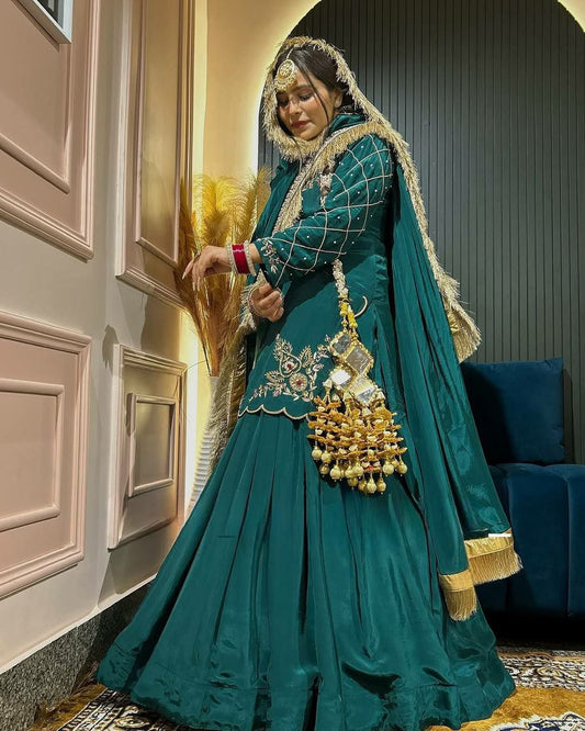 Natural Crepe Silk And Bids Hand Work With Sequence Multi Needle Embroidery Work And Zari Work Top & Lehenga