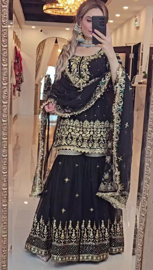 Pakistani Fashion Black Color Trendy Salwar Suit /Fully Stitched Sharara Palazzo Set