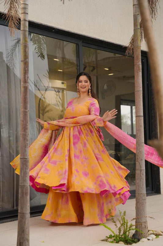 Vichitra Silk With Embroidery Coding-Sequence And Beautiful Digital Print With Full Flair With Elastic Palazzo Dress