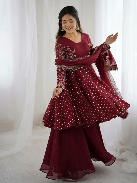 Crunchy Silk With Heavy Micro Cotton And Embroidery Sequence Work Sharara Palazzo Dress
