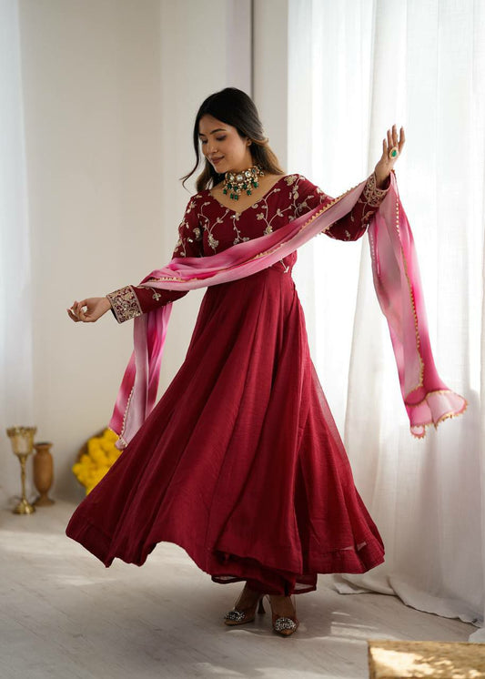 Heavy Crunchy Silk With Embroidery Sequence Work & Digital Print With Lace Border Dupatta Type Palazzo Gown