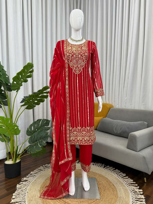 Faux Georgette With Thread With Sequence And 4-Side Lace Border Dupatta Type Dress
