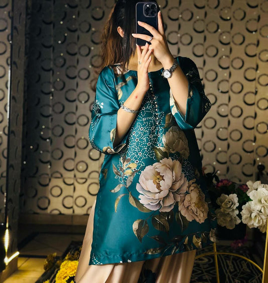 Pure Natural Crepe Silk And Digital Print With Heavy Micro Cotton With Elastic Farshi Palazzo Dress