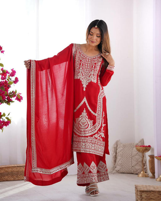PURE VICHITRA SILK WITH LACE PATTA WORK FREE SIZE FULLY STTICHED KURTI SET