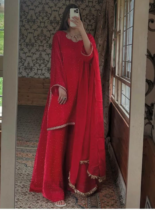 HEAVY ZIMIY CHU SILK WITH HEAVY EMBROIDERY WORK AND HOT FIX WORK WITH ELASTIC PALAZZO DRESS