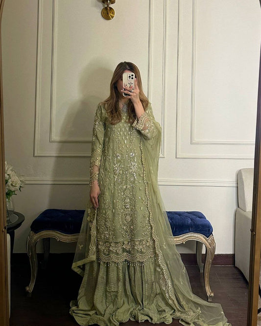 Heavy Faux Georgette With Heavy Embroidery Sequence Work And Rivet Moti Work With Elastic Palazzo Dress