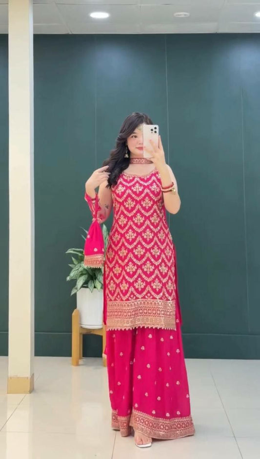 Heavy Faux Georgette With Heavy Embroidery And Sequence Work With Hanging Latkan With Elastic Palazzo Dress
