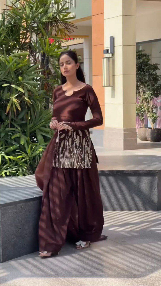 Faux Georgette And Thread With Sequence Work & Organza Silk Four Side Lace Border With Rivet Moti Work Dupatta Type Farshi Suit
