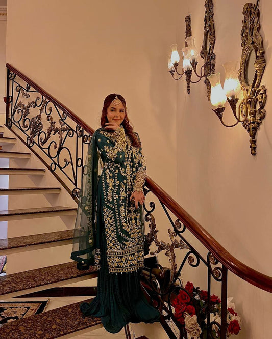 Heavy Faux Georgette With Heavy Embroidery Sequence Work & Rivet Moti Work With Elastic Palazzo Dress