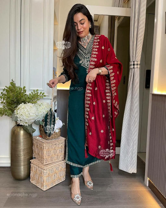 Heavy Vichitra Silk With Fancy Heavy Embroidery Sequence Work And Lace Border Dupatta Dress