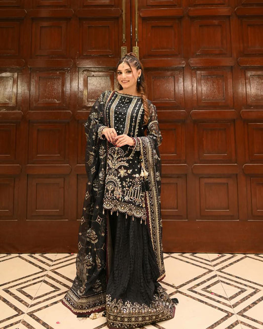 Heavy Faux Georgette With Heavy Embroidery Sequence Work & Rivet Moti Work With Elastic Palazzo Dress