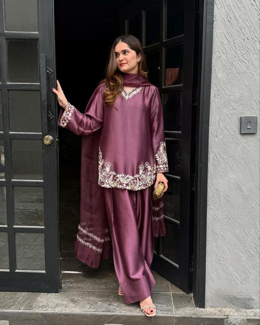 Pure Natural Crepe Silk With Heavy Micro Cotton And Embroidery Sequence Work Type Palazzo Dress