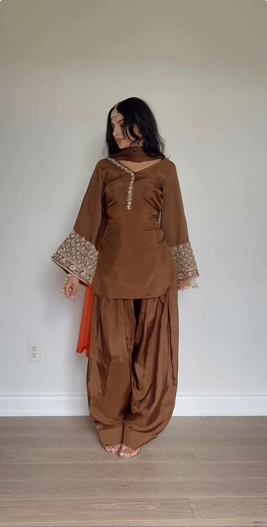 Natural Satin Silk With Heavy Micro Cotton And Embroidery Sequence Work With Elastic Farshi Pent Type Dress