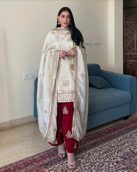 HEAVY PURE CHINON SILK WITH EMBROIDERY FULLY STITCH SALWAR SUIT