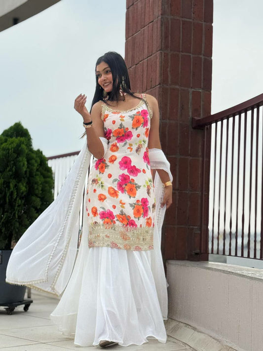 PURE CHINON SILK WITH ATTRACTIVE EMBROIDERY SEQUENCE CODING WORK AND TRANDY DIGITAL PRINT KURTI PALAZZO