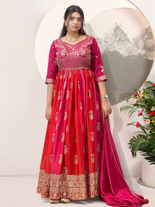 HEAVY SATIN SILK AND PURE CHINON SILK WITH BEAUTIFUL DIGITAL PRINT WITH EMBROIDERY SEQUENCE WORK GOWN