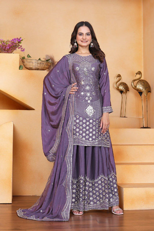 Chinon With Micro Inner And Sequence Embroidery Work With Elastic Sharara Dress