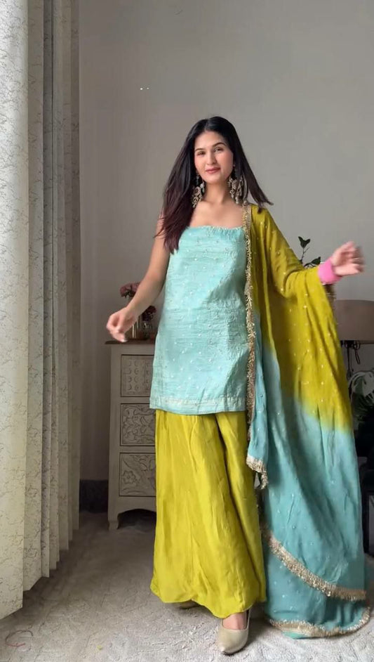 Chinon Silk & Sequence With Thread Work And 4-Side Work Border Dupatta Type Palazzo Dress