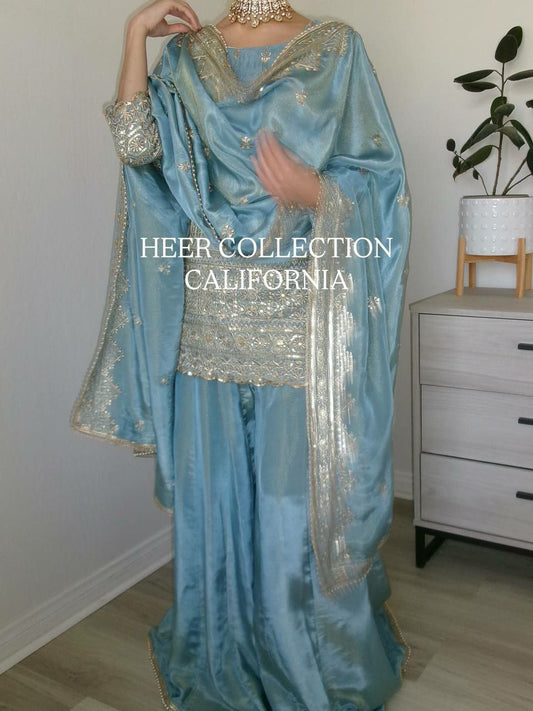Heavy Pure Vichitra Silk And Heavy Embroidery Sequence Work With Fully Flair Sharara Dress