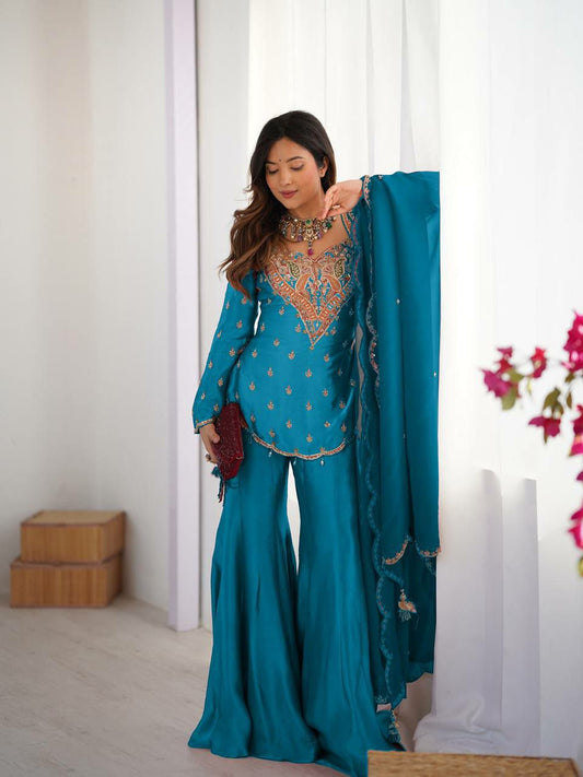 Heavy Simar Silk With Heavy Micro Cotton And Embroidery Work With Elastic Palazzo Dress
