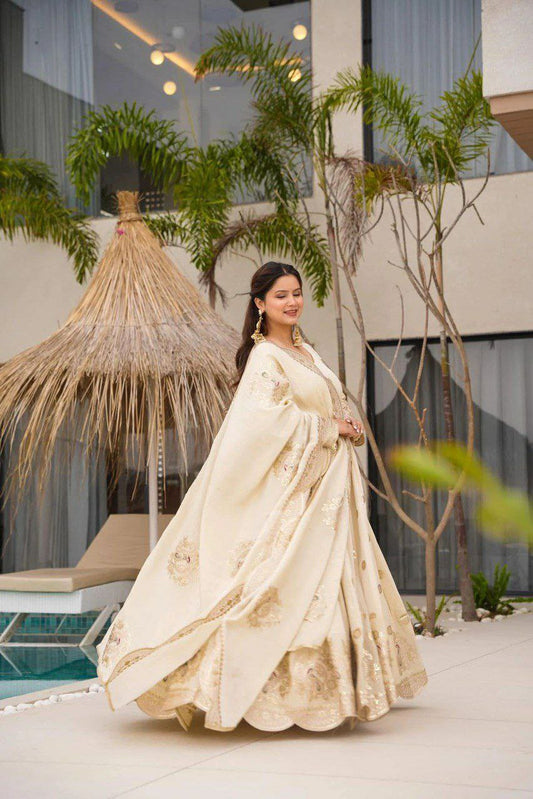Soft Fabric Coding With Sequence Work Floor Length Anarkali Gown At Low Rate
