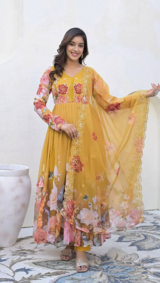 Heavy Fox Georgette With Embroidery Sequence Work & Digital Print With Fully Flair And Lace Border Dupatta Type Gown