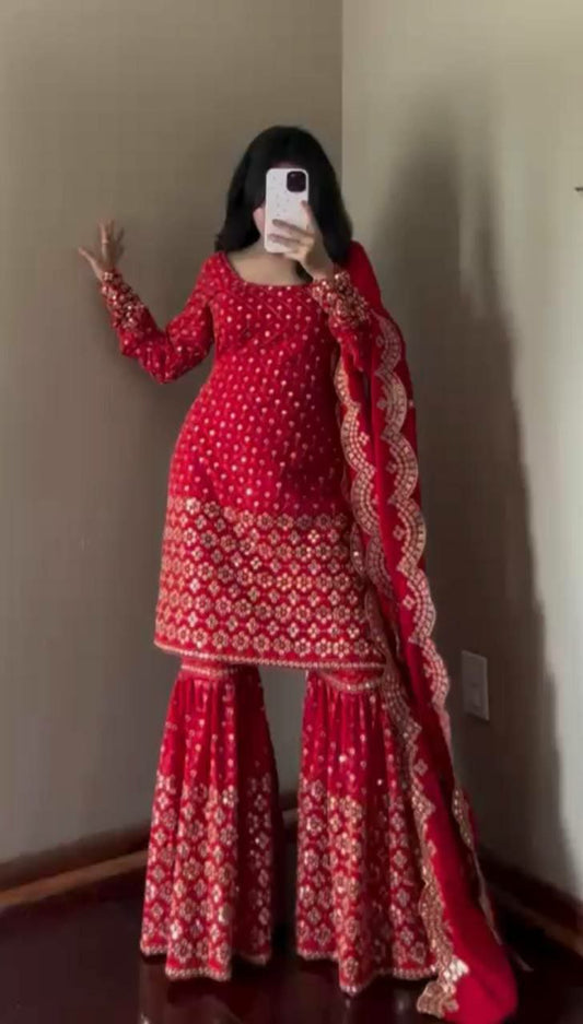 Foux Georgette & Thread With Sequence And 4-Side Lace Broder Dupatta With Stretchable Elastic Sharara Dress