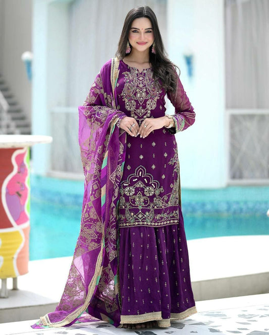 HEAVY FAUX GEORGETTE AND PURE CHINON SILK WITH ATTRACTIVE EMBROIDERY SEQUENCE AND THREAD WORK SHARARA KURTI