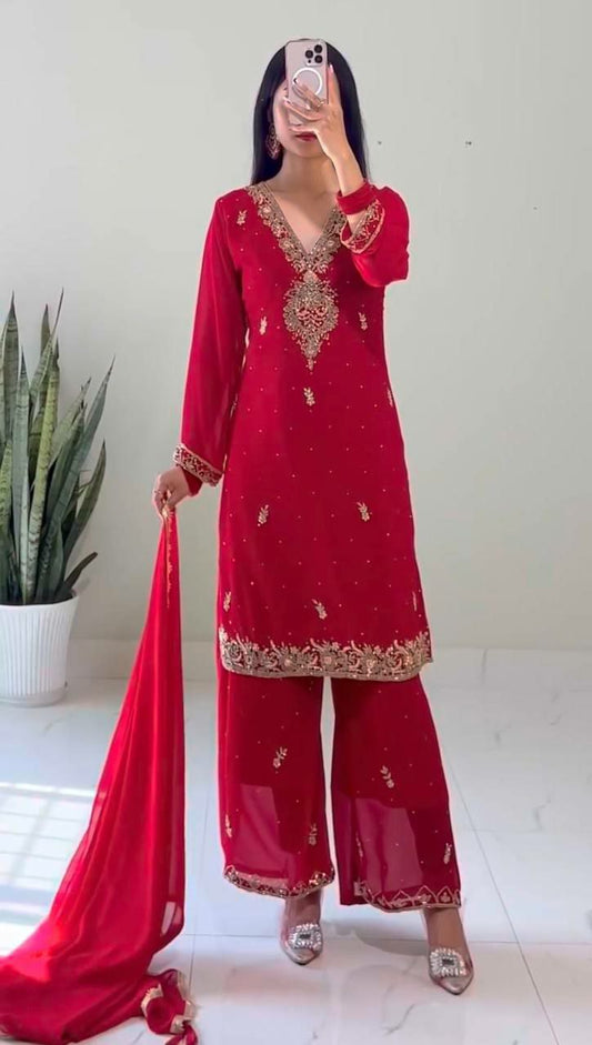 Heavy Faux Georgette With Fancy Beads And Embroidery Coding Dori-Sequence With Riveted Moti Work Palazzo Dress