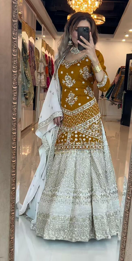 Chinon Silk And Multi Needle Embroidery Work With Sequence and Zari Work Type Top & Lehenga