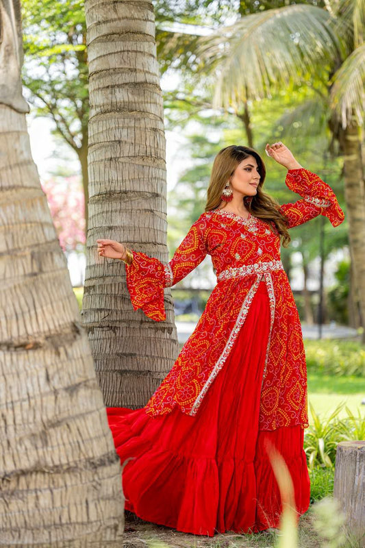 PURE BANDHEJ WITH HEAVY EMBROIDERY WORK CHOLI ATTACH SHRUGH