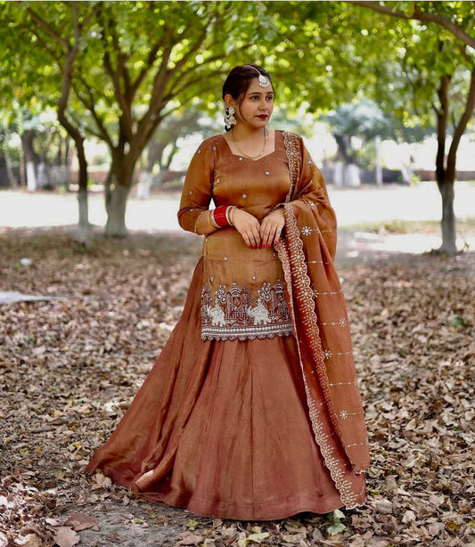 Simmer Silk And Bids Hand Work With Sequence Multi Needle Embroidery Work And Zari Work Top & Lehenga