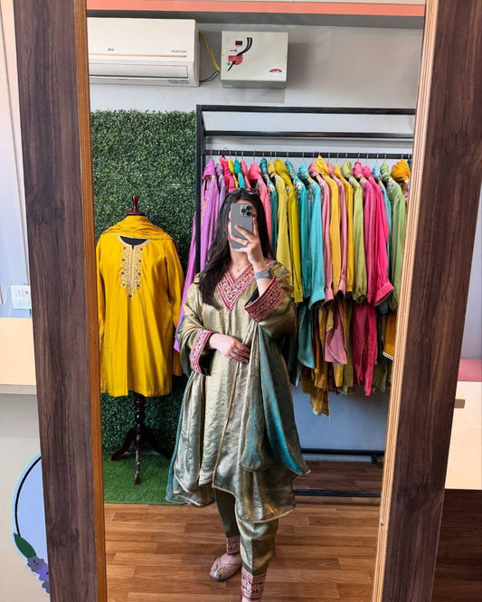 Pure Gold Fendi Silk With Embroidery Sequence Work & Coding Dori Work With Elastic And Four Side Lace Border Bottom Dress