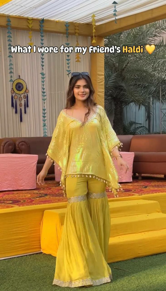HEAVY FUAX GEORGETTE & HEAVY SOFT SILK WITH HEAVY EMBROIDERY SEQUINS WORK WITH KODI LESS SHARARA