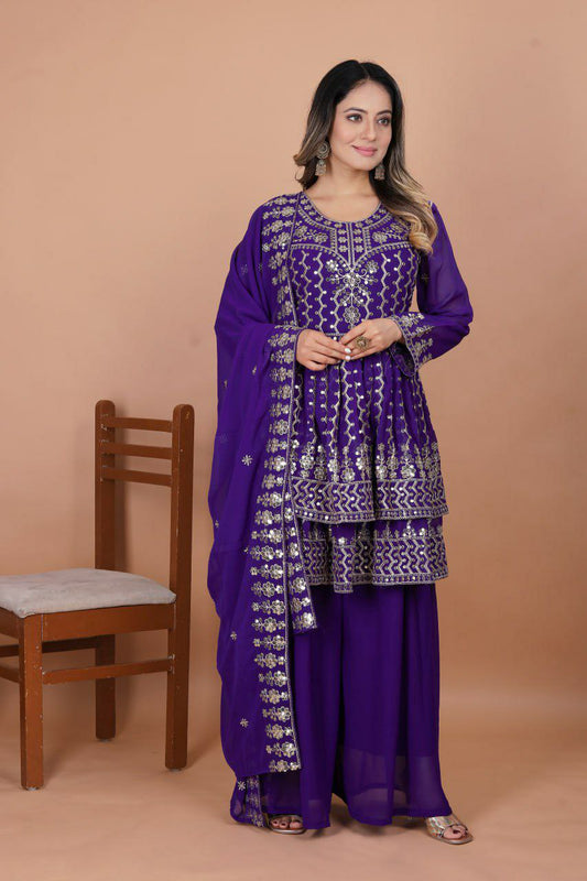 Fox Georgette With Double Flair Zalar And Heavy Coding Sequence Embroidery Work With Elastic Sharara Dress