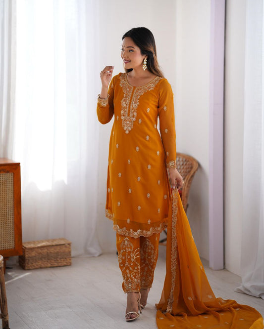 Front and Back Side Thread work Semi Stitch Salwar & Bottom With Dupatta Set
