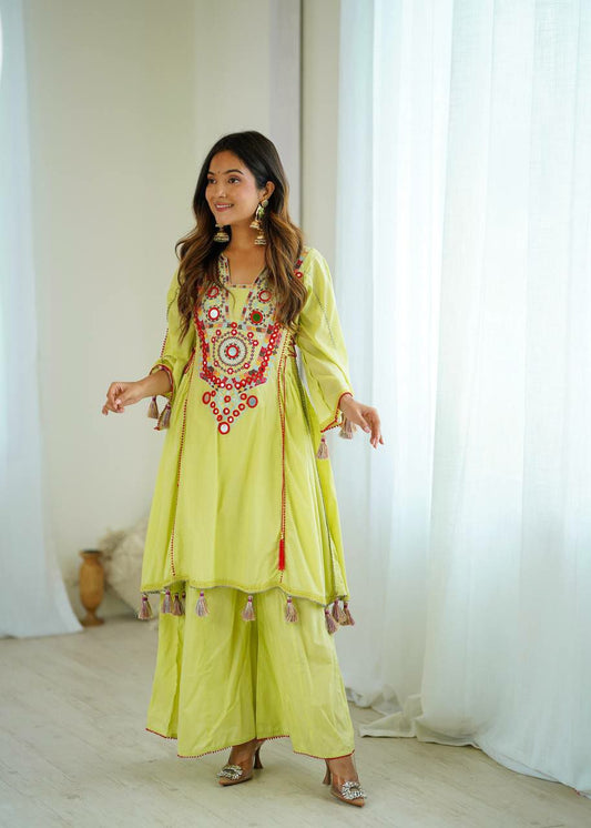 Pure Khadi Cotton With Embroidery Sequence Work & Mirror Work With Pocket Type Palazzo Suit