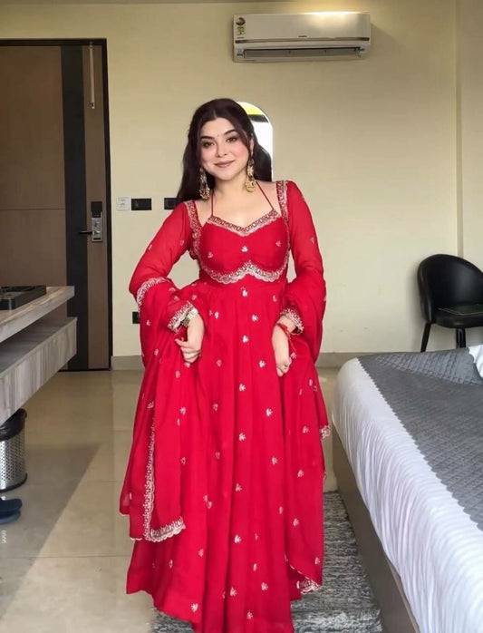Heavy Faux Georgette With Heavy Embroidery And Sequance Work With Elastic Bottom Gown