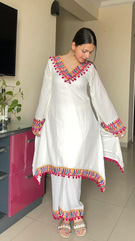 HEAVY FUAX GEORGETTE WITH FANCY DIGITAL PRINT AND PUM-PUM LACE PALAZZO DRESS