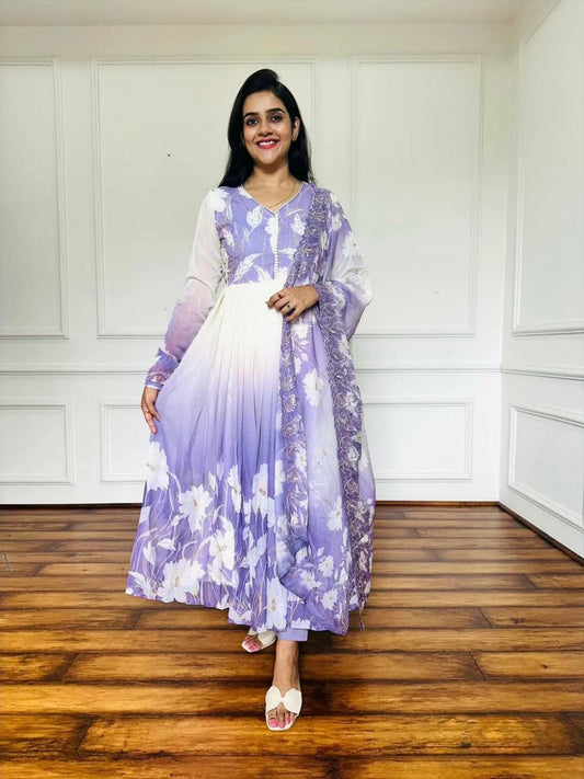 Heavy Faux Georgette And Digital Print Work With Embroidery Sequence Work Dupatta Type Gown