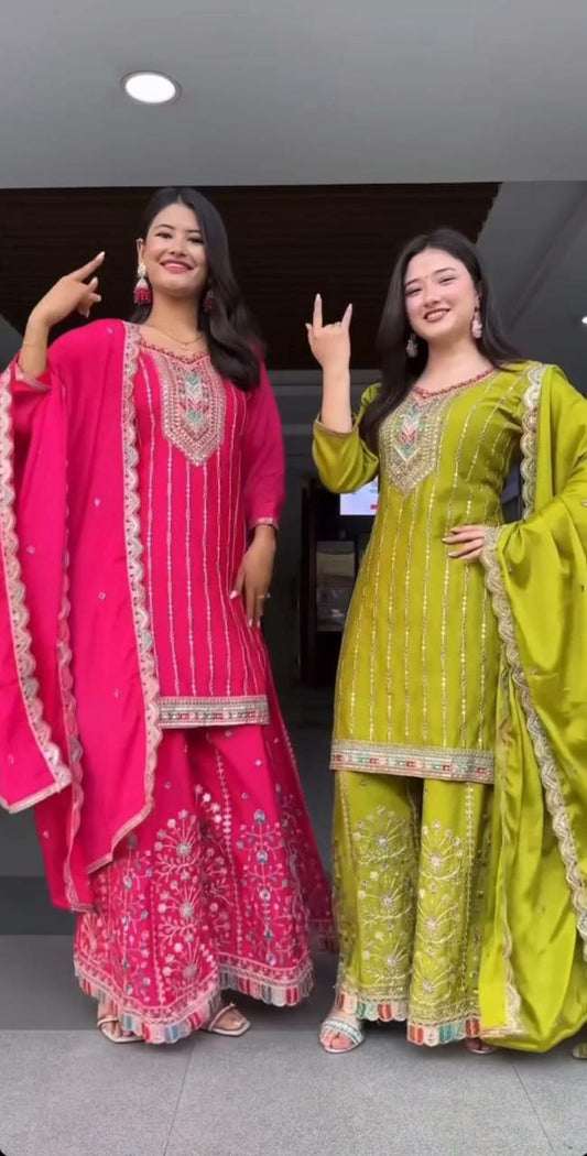 Pure Heavy Chinon Silk With Heavy Embroidery Coding Sequence Work And Four Side Lace Border Dupatta Type Palazzo Dress