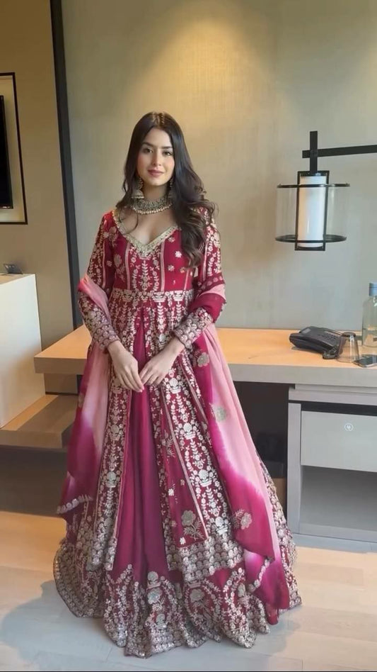 Foux Georgette And Thread With Sequence With 4-Side Lace Border Dupatta Type Lehenga