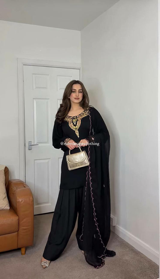Heavy Faux Georgette And Embroidery Sequence Work With Fancy Sleeve And Cenvas Sharara Palazzo & Top