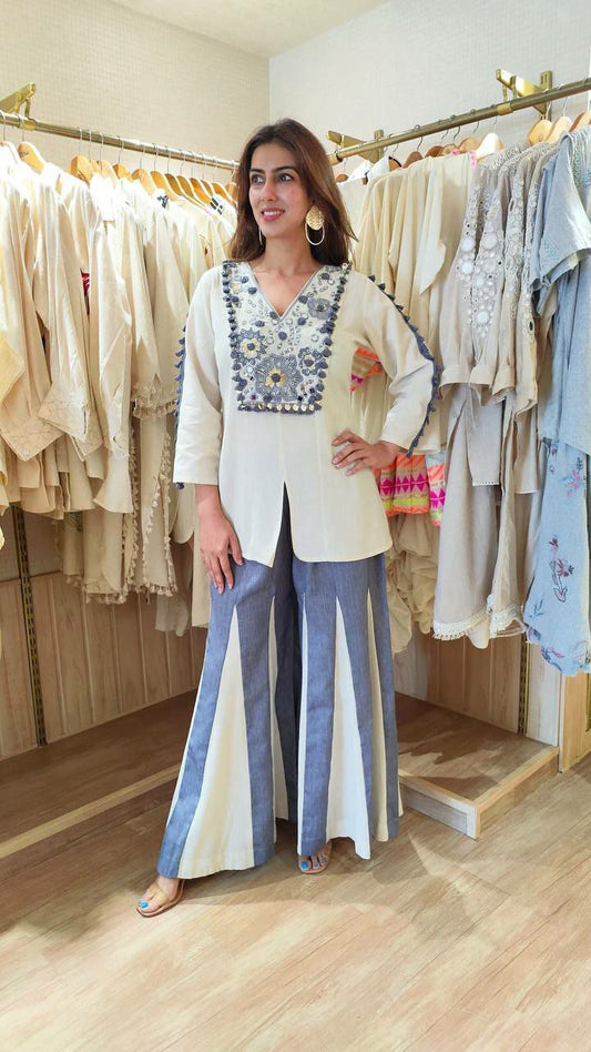 Pure Roman Silk & Hand Work Embroidery Work With Real Mirror Work And Lace Work With Full Flair Palazzo Suit