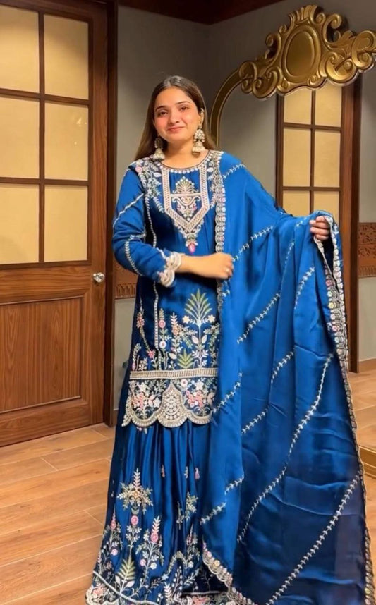 Chinon Silk With Embroidery Sequence Work And Round Neck Type Sharara Dress