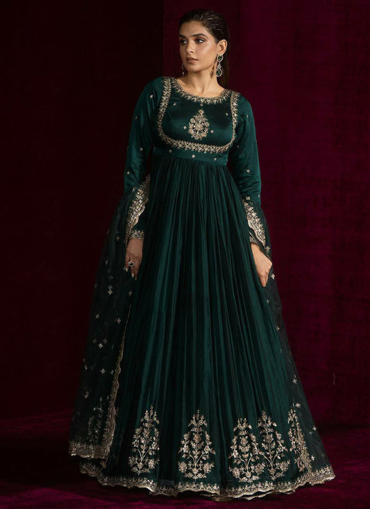 Japan Satin With Soft Micro Cotton And Thread With Sequence & 4-Side Lace Border Dupatta Type Anarkali Gown